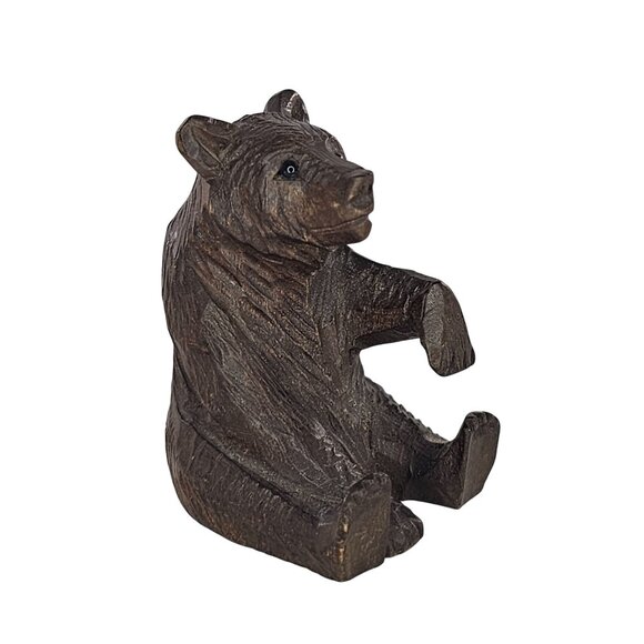 Black Forest Swiss Bear Cub Sitting Paw Up Hand Carved Wood 2"